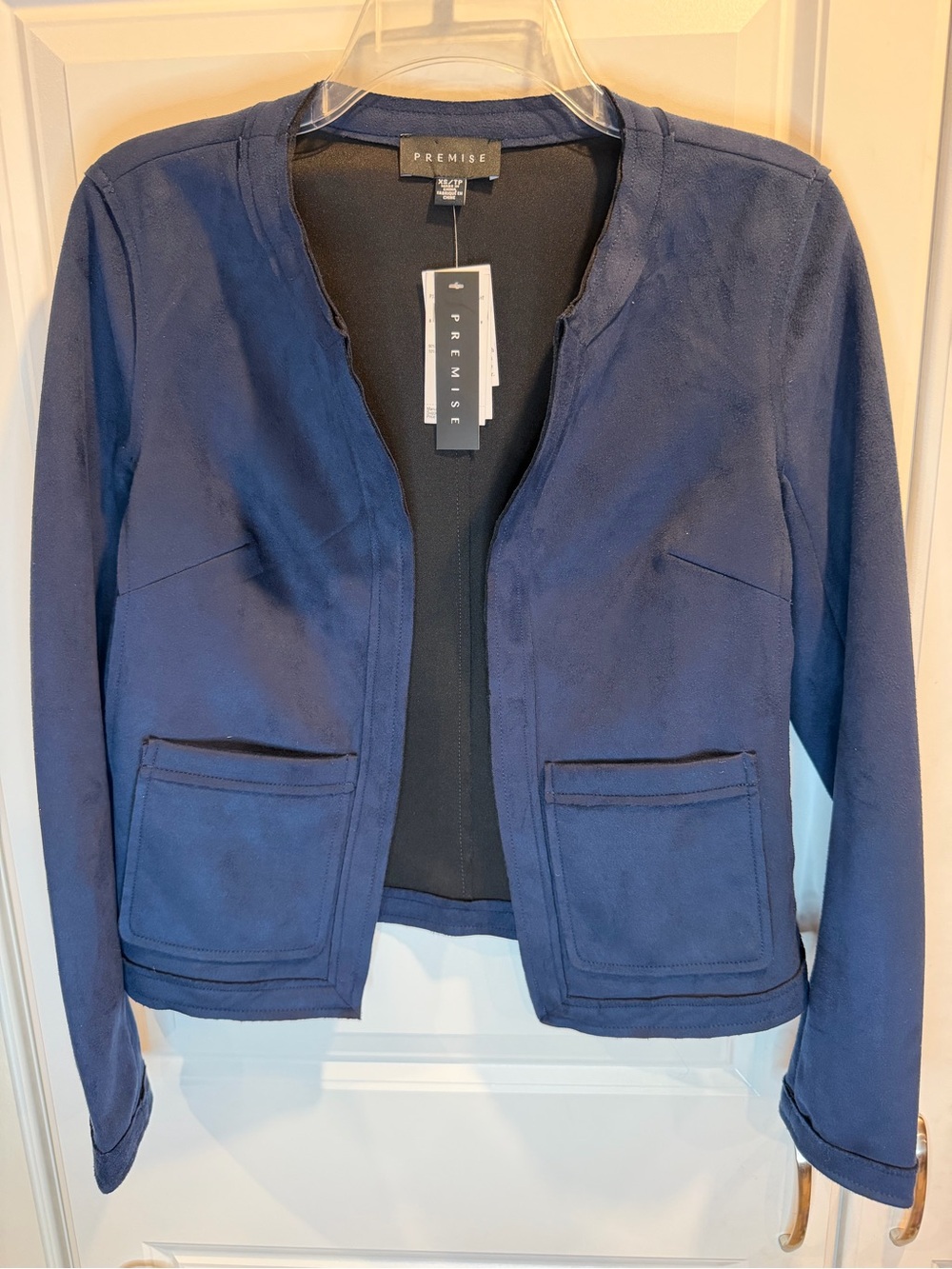Premise Navy Faux Leather Open-Front Women's Jacket XS NWT!